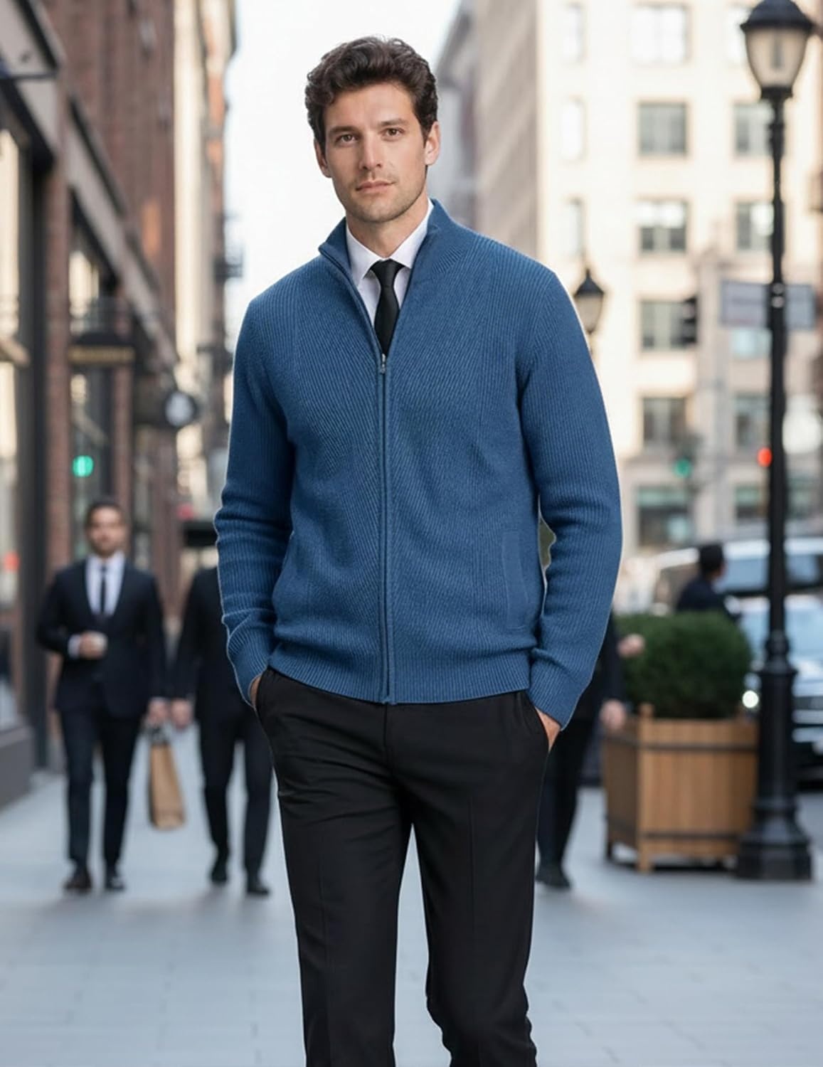 image:imageCOOFANDY Mens Zip up Sweater Casual Knitted Cardigan Sweater Stand CollarDenim Blue