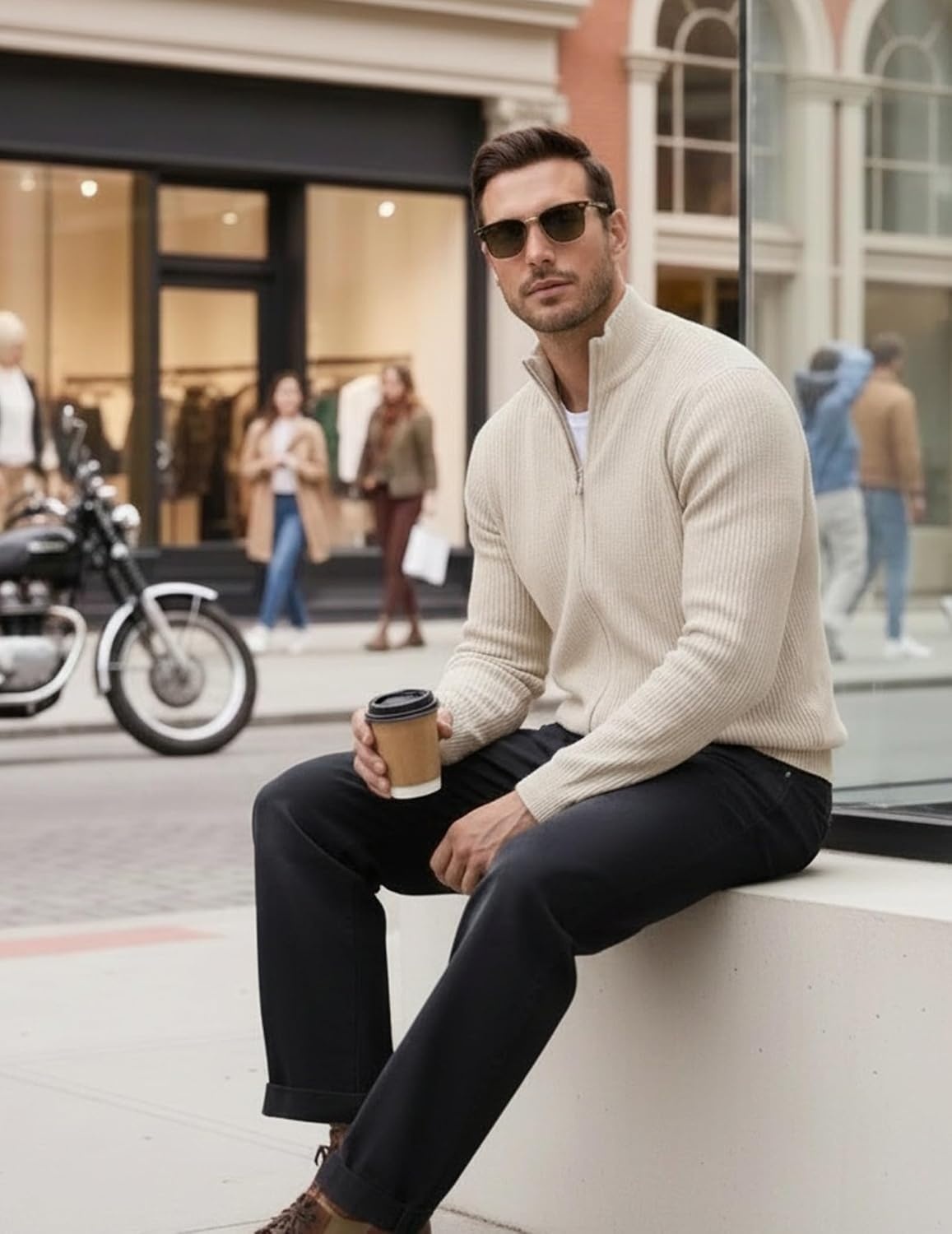 image:imageCOOFANDY Mens Zip up Sweater Casual Knitted Cardigan Sweater Stand CollarWarm Beige