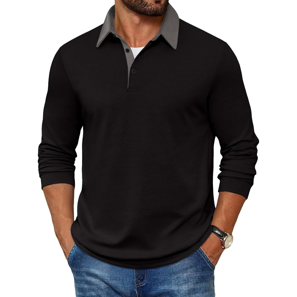 image:imageCOOFANDY Mens Long Sleeve Polo Shirts Casual Sweatshirt Cotton Golf T ShirtBlack