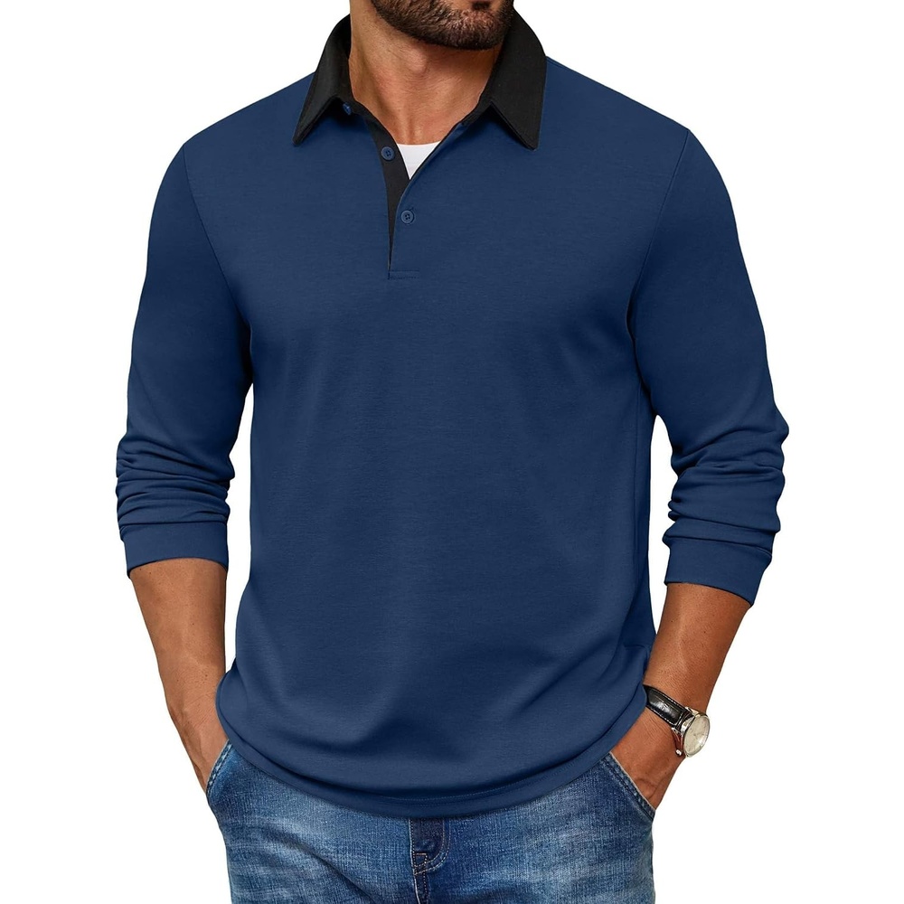 image:imageCOOFANDY Mens Long Sleeve Polo Shirts Casual Sweatshirt Cotton Golf T ShirtDenim Blue