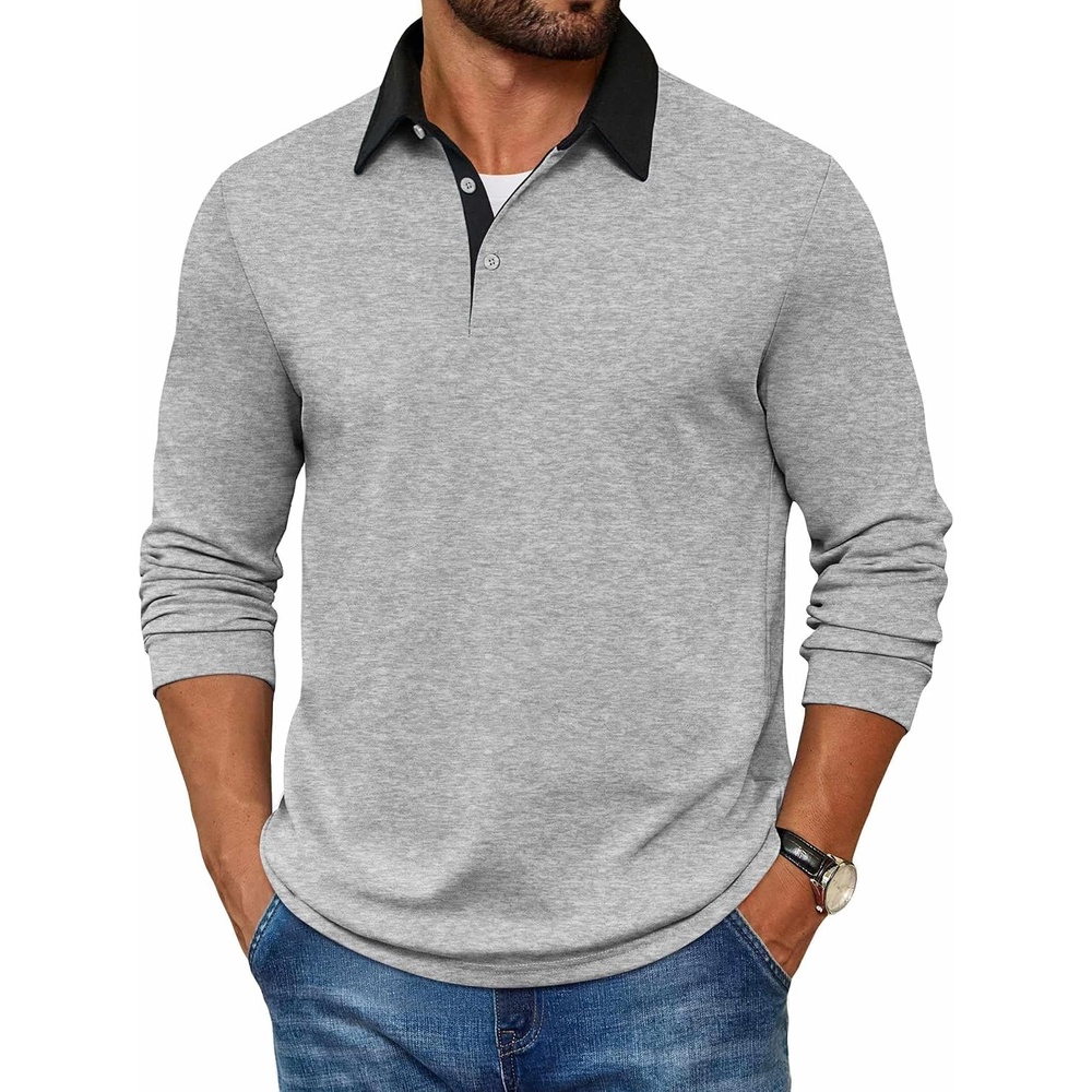 image:imageCOOFANDY Mens Long Sleeve Polo Shirts Casual Sweatshirt Cotton Golf T ShirtLight Gray