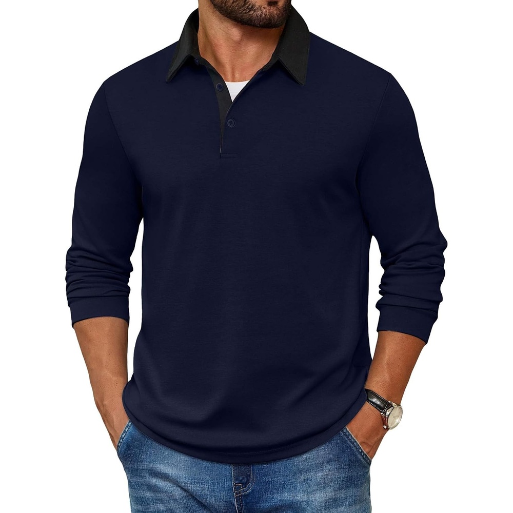 image:imageCOOFANDY Mens Long Sleeve Polo Shirts Casual Sweatshirt Cotton Golf T ShirtNavy Blue