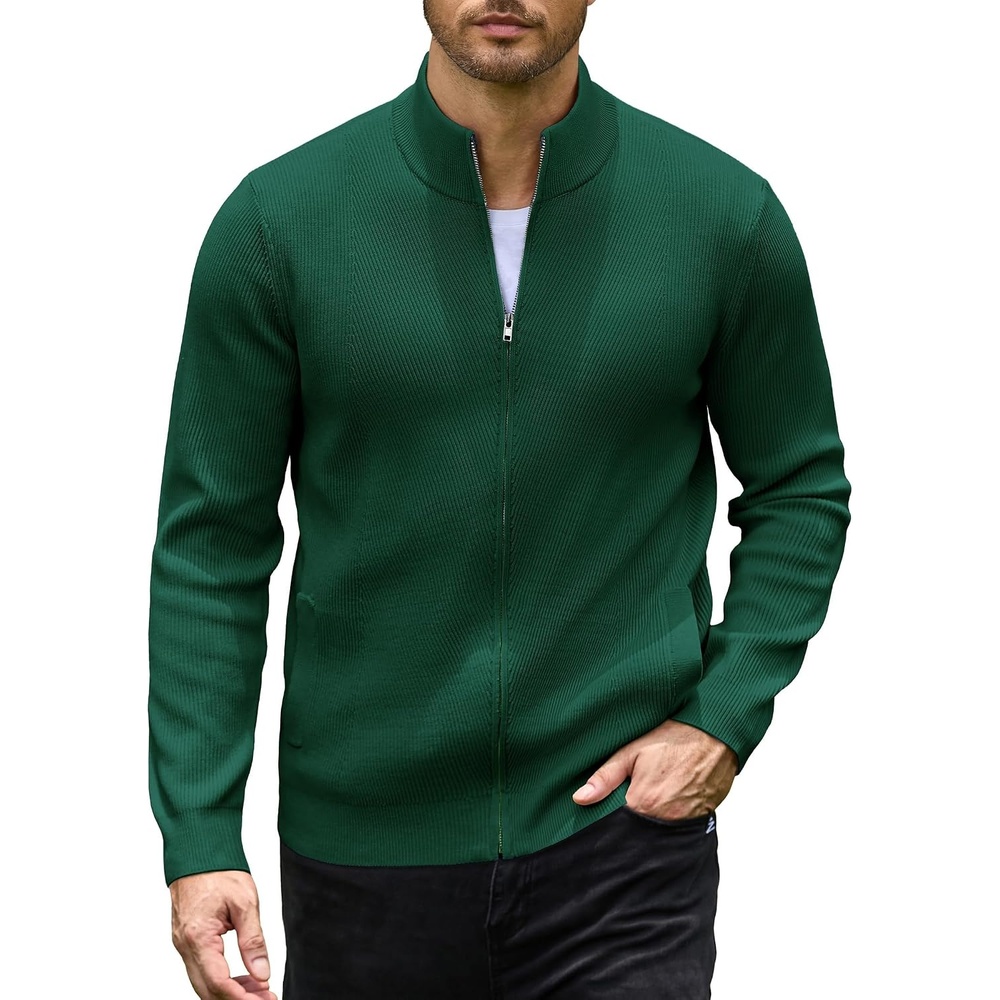 image:imageCOOFANDY Mens Zip up Sweater Casual Knitted Cardigan Sweater Stand CollarGreen