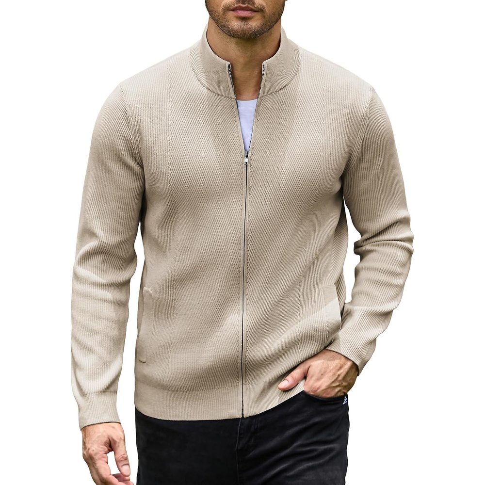 image:imageCOOFANDY Mens Zip up Sweater Casual Knitted Cardigan Sweater Stand CollarLight Khaki
