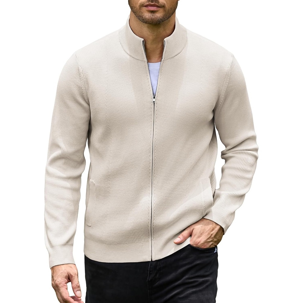 image:imageCOOFANDY Mens Zip up Sweater Casual Knitted Cardigan Sweater Stand CollarWarm Beige