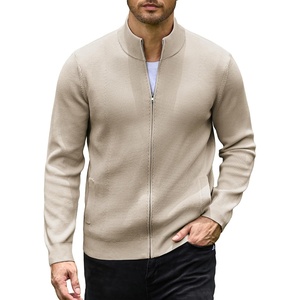 COOFANDY Mens Zip up Sweater Casual Knitted Cardigan Sweater Stand Collar(Light Khaki)