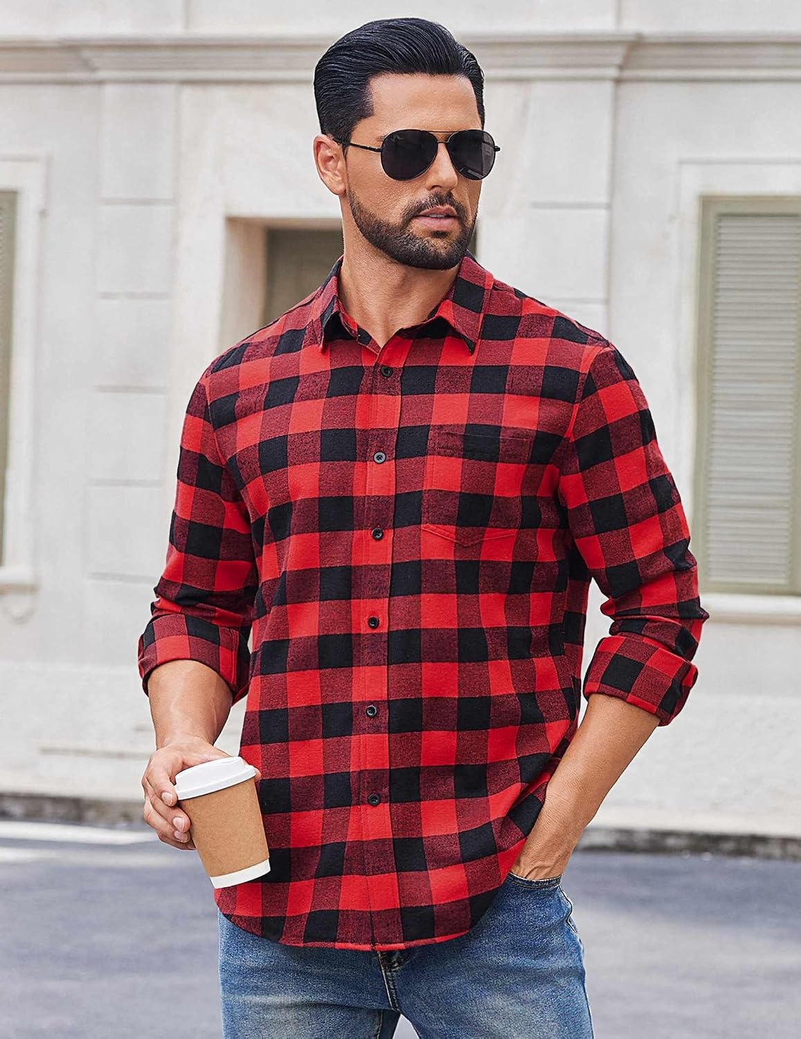 image:imageCOOFANDY Mens Flannel Shirts Long Sleeve Plaid Casual Button Down ShirtBuffalo Black Red