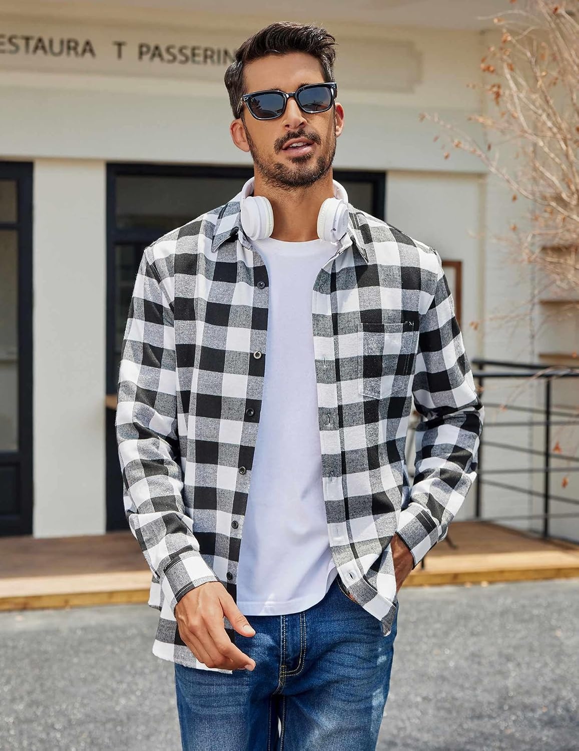 image:imageCOOFANDY Mens Flannel Shirts Long Sleeve Plaid Casual Button Down ShirtBuffalo Black White
