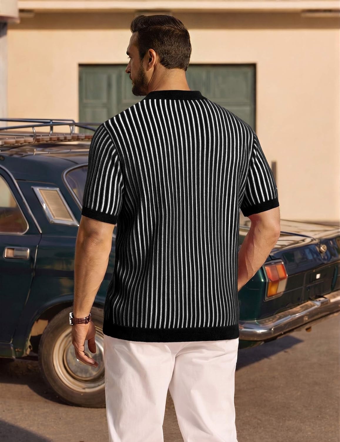 image:imageCOOFANDY Mens Knit Button Down Shirts Short Sleeve Polo Shirt Vintage Striped Casual ShirtsBlack White Stripe