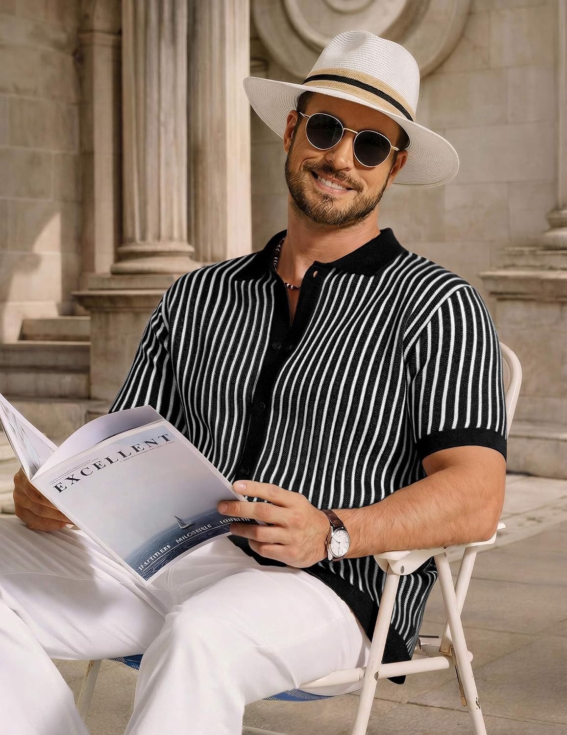 image:imageCOOFANDY Mens Knit Button Down Shirts Short Sleeve Polo Shirt Vintage Striped Casual ShirtsBlack White Stripe