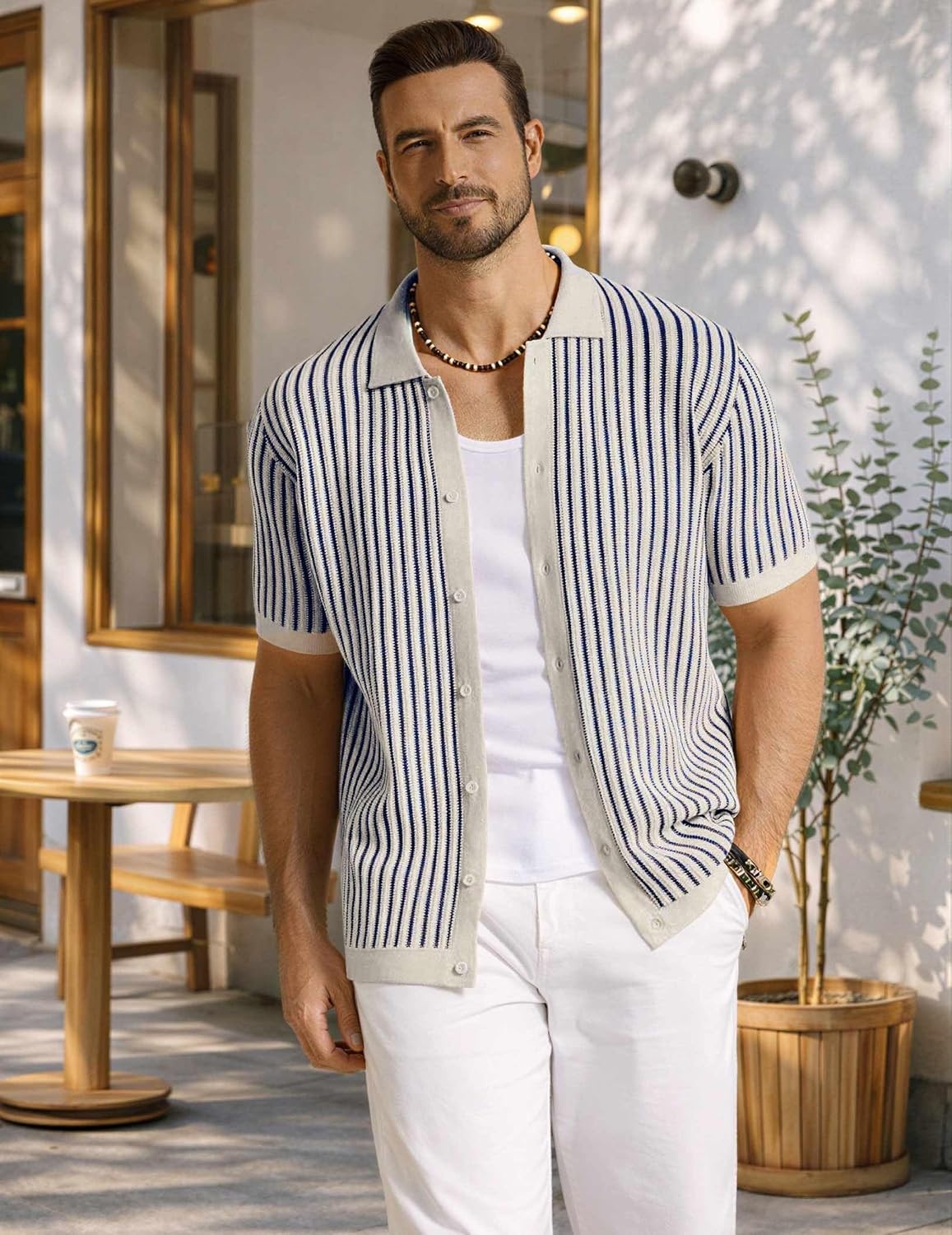 image:imageCOOFANDY Mens Knit Button Down Shirts Short Sleeve Polo Shirt Vintage Striped Casual ShirtsNavy Blue Beige