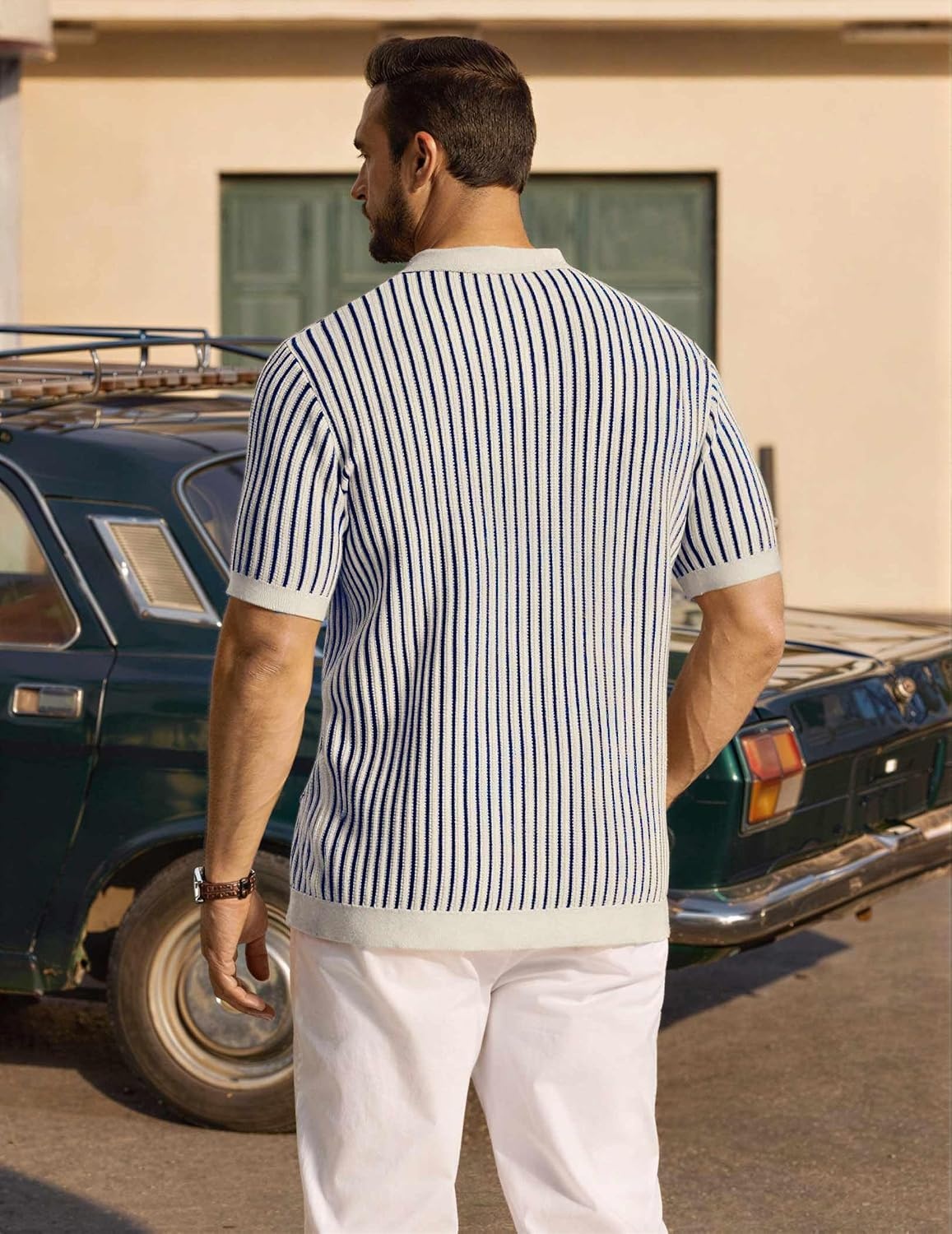 image:imageCOOFANDY Mens Knit Button Down Shirts Short Sleeve Polo Shirt Vintage Striped Casual ShirtsNavy Blue Beige