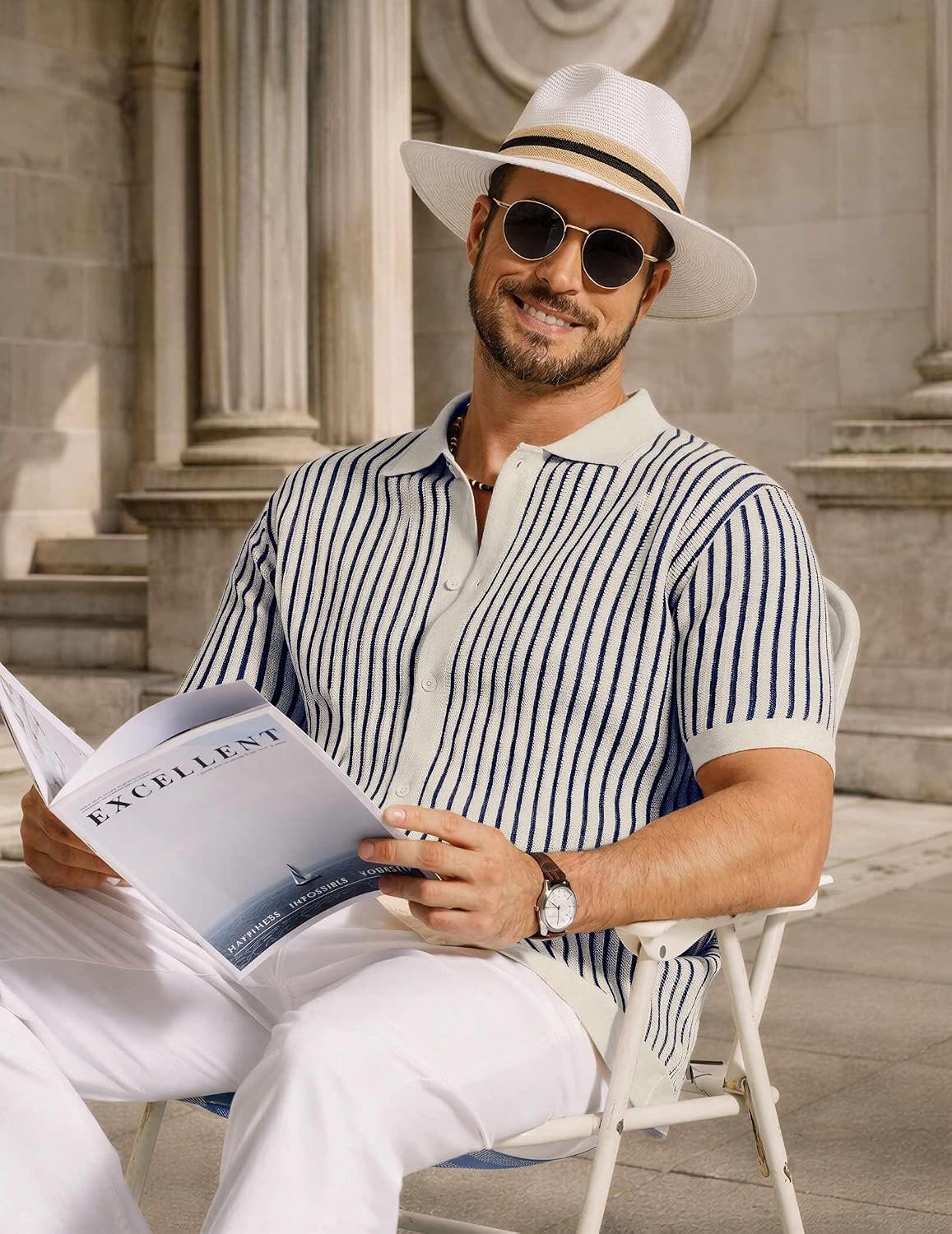 image:imageCOOFANDY Mens Knit Button Down Shirts Short Sleeve Polo Shirt Vintage Striped Casual ShirtsNavy Blue Beige