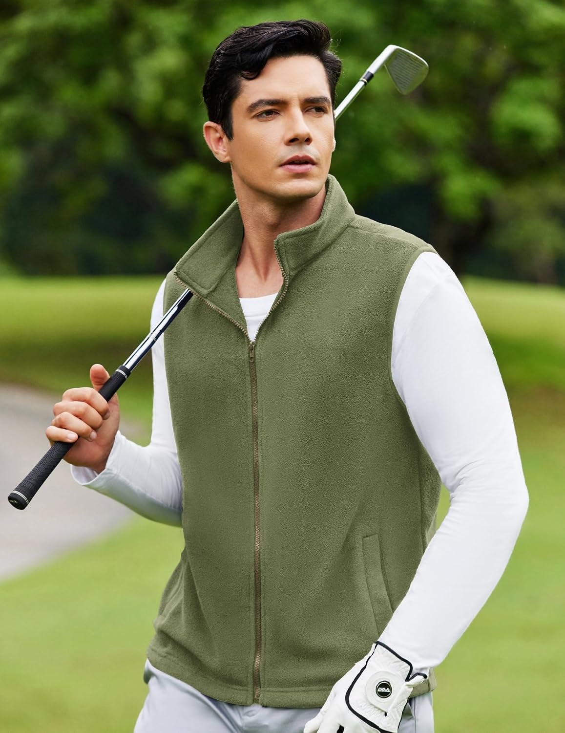 image:imageCOOFANDY Mens Polar Fleece Vest Lightweight Sleeveless Zip Up Jacket WarmArmy Green