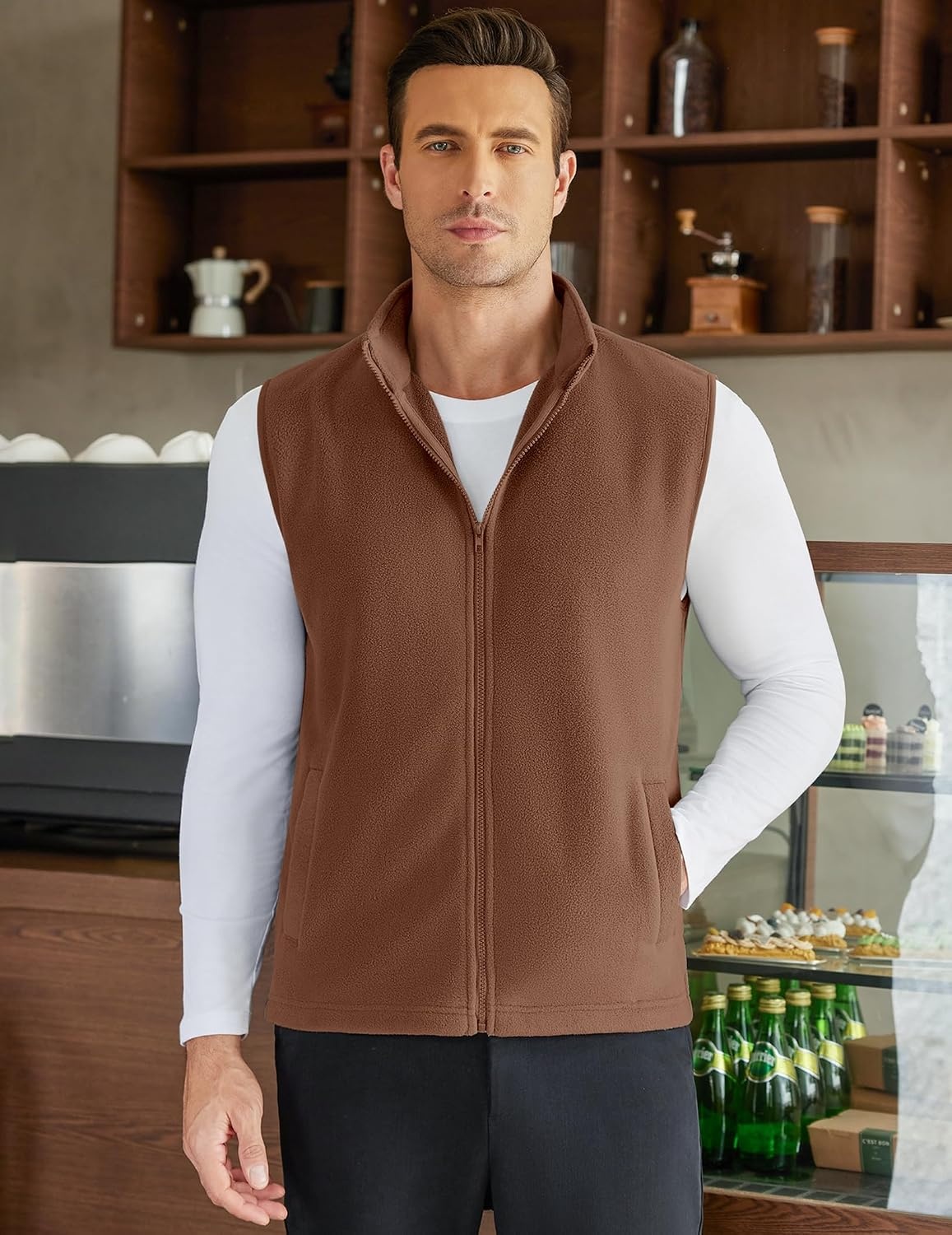image:imageCOOFANDY Mens Polar Fleece Vest Lightweight Sleeveless Zip Up Jacket WarmBaked Clay