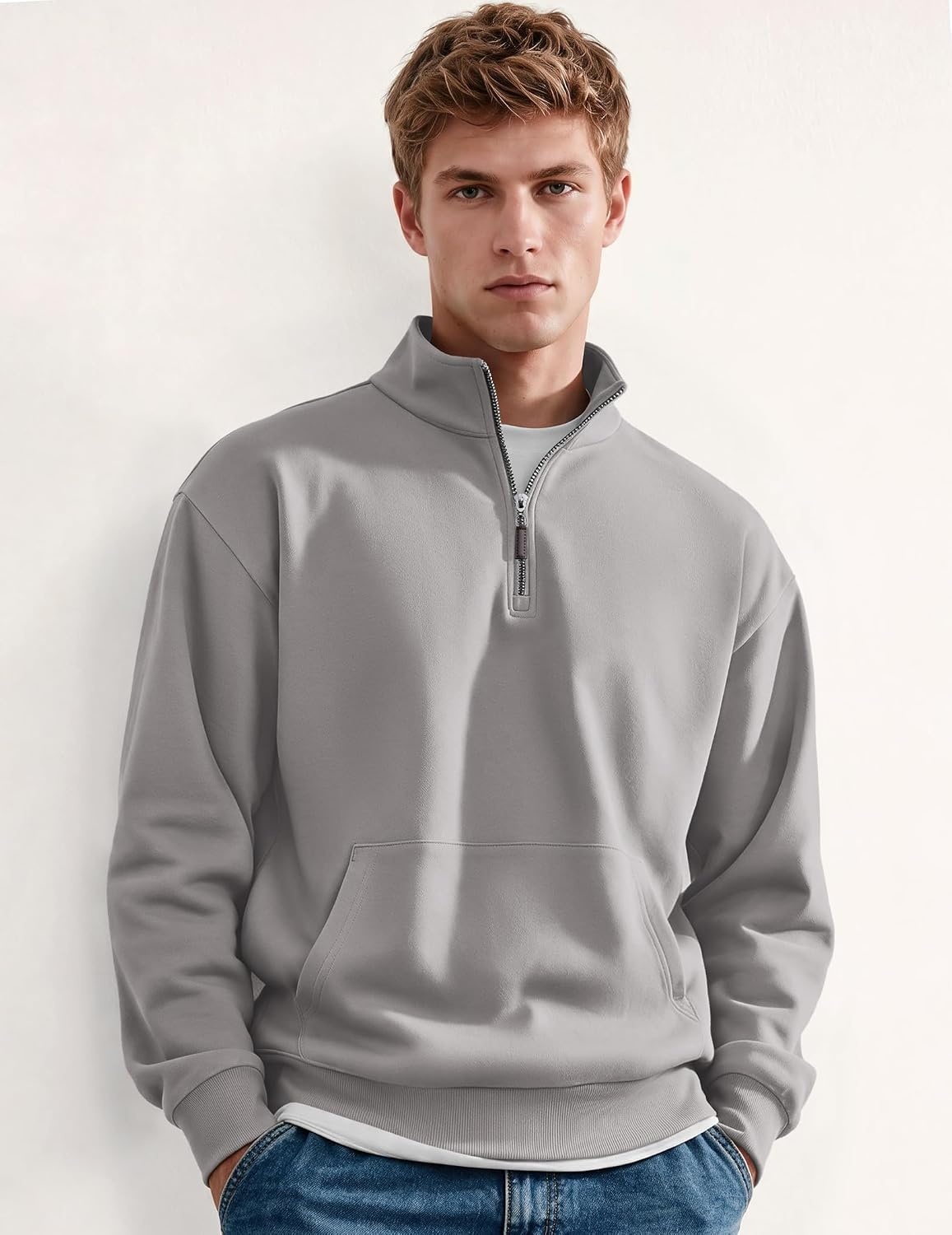 image:imageCOOFANDY Mens Quarter Zip Pullover Sweatshirt FleeceLined Casual SweaterLight Gray