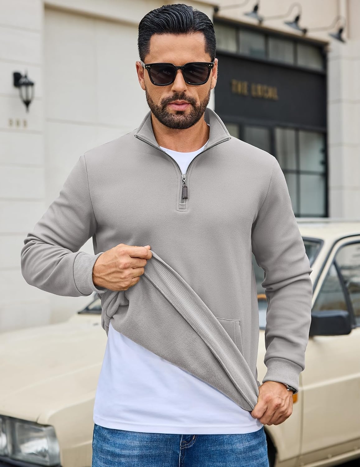 image:imageCOOFANDY Mens Quarter Zip Pullover Sweatshirt FleeceLined Casual SweaterLight Gray