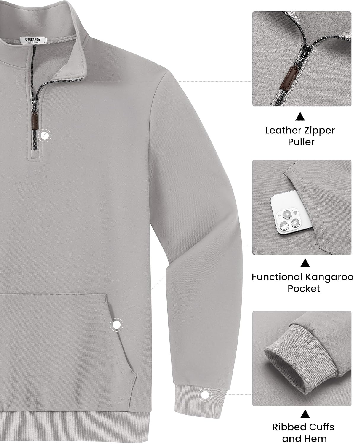 image:imageCOOFANDY Mens Quarter Zip Pullover Sweatshirt FleeceLined Casual SweaterLight Gray