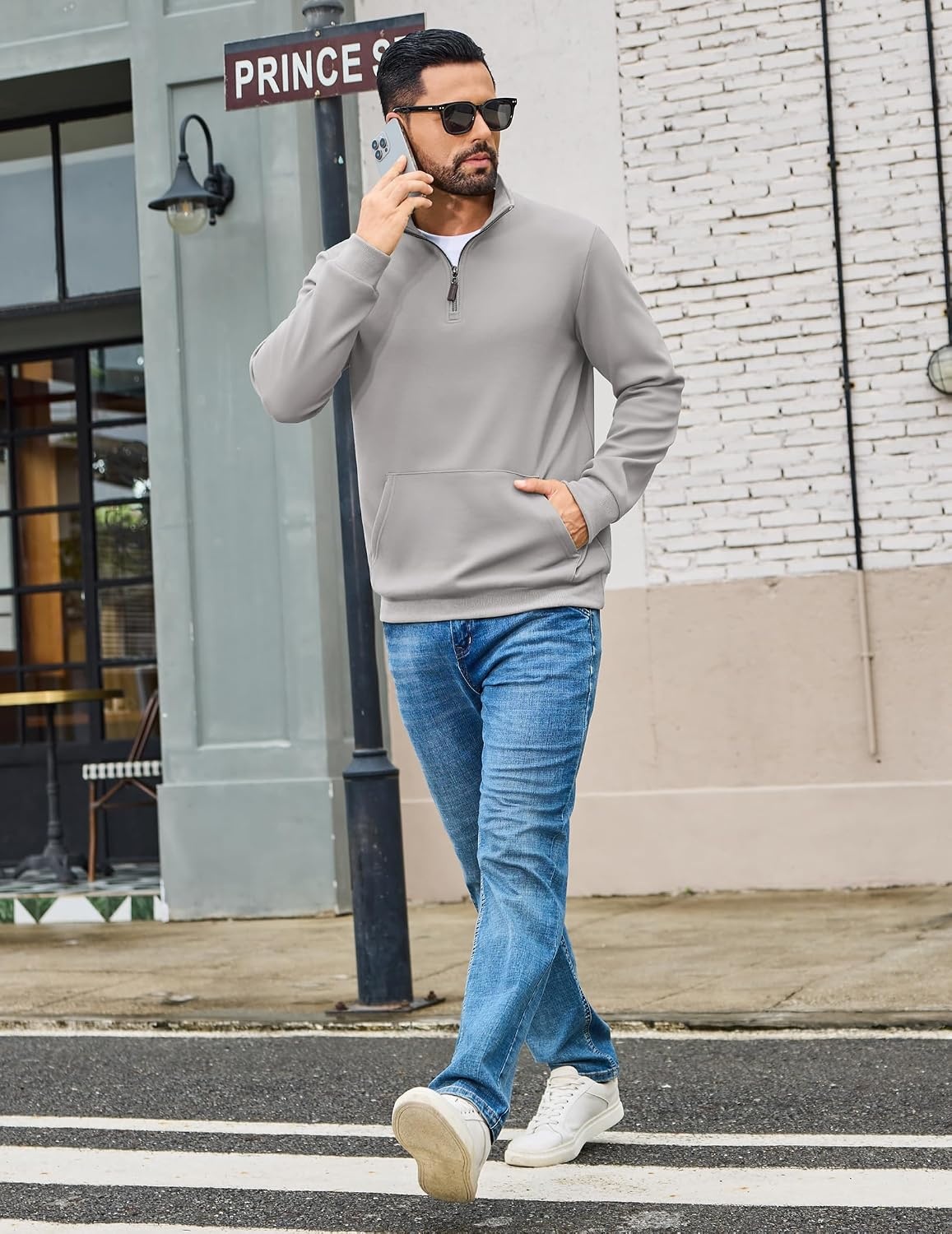 image:imageCOOFANDY Mens Quarter Zip Pullover Sweatshirt FleeceLined Casual SweaterLight Gray