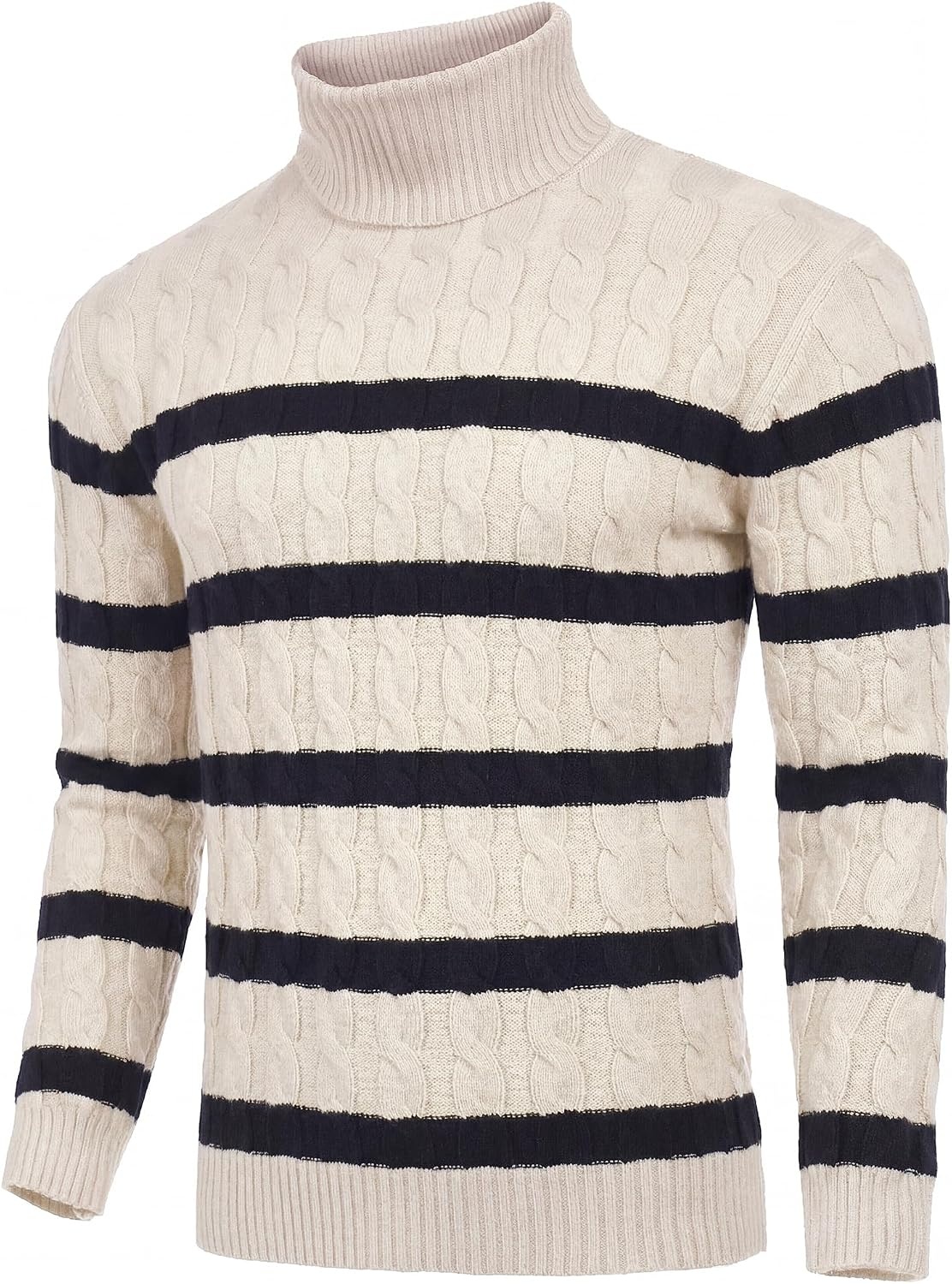 image:imageCOOFANDY Mens Slim Fit Turtleneck Sweater Casual Twisted Knitted PulloverStripedblack Apricot