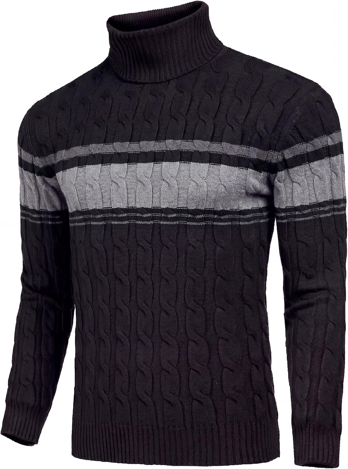 image:imageCOOFANDY Mens Slim Fit Turtleneck Sweater Casual Twisted Knitted PulloverStripedgrey Black