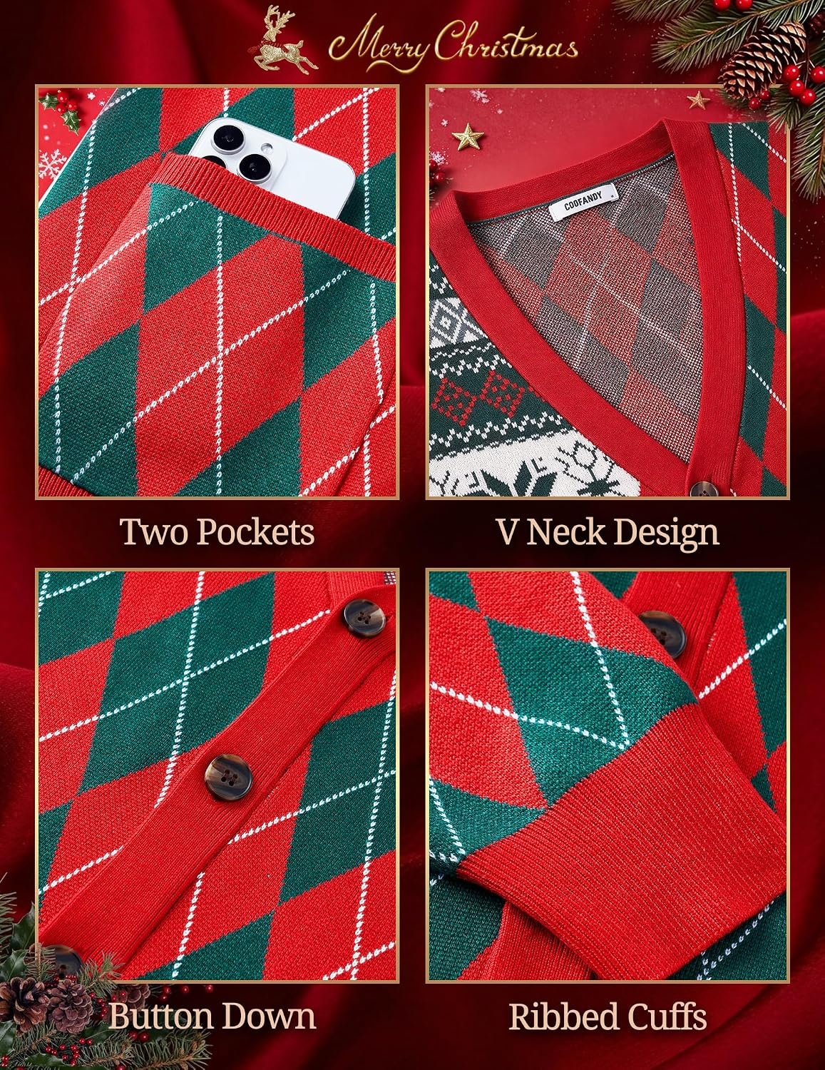 image:imageCoofandy Ugly Christmas Sweater Men Xmas Sweater Knitted Cardigan HolidayXmas Argyle