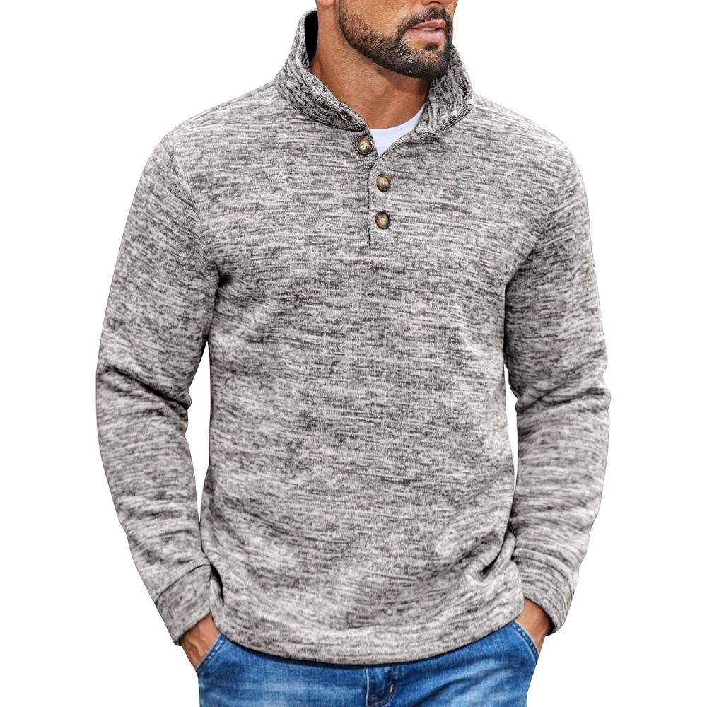 image:imageCOOFANDY Mens Casual Pullover Sweater Quarter Button Fleece Sweatshirt Knitted Thermal SweatersLight Heather Gray