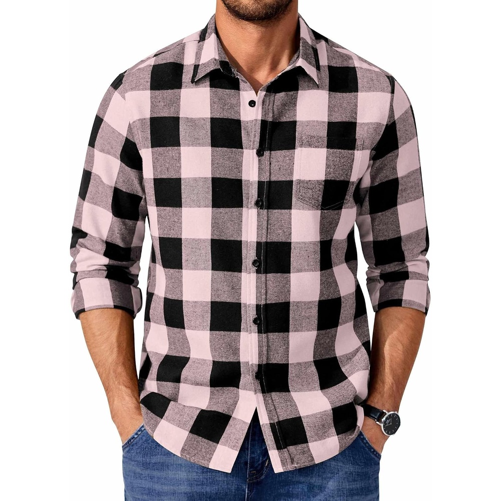 image:imageCOOFANDY Mens Flannel Shirts Long Sleeve Plaid Casual Button Down ShirtBuffalo Black Pink