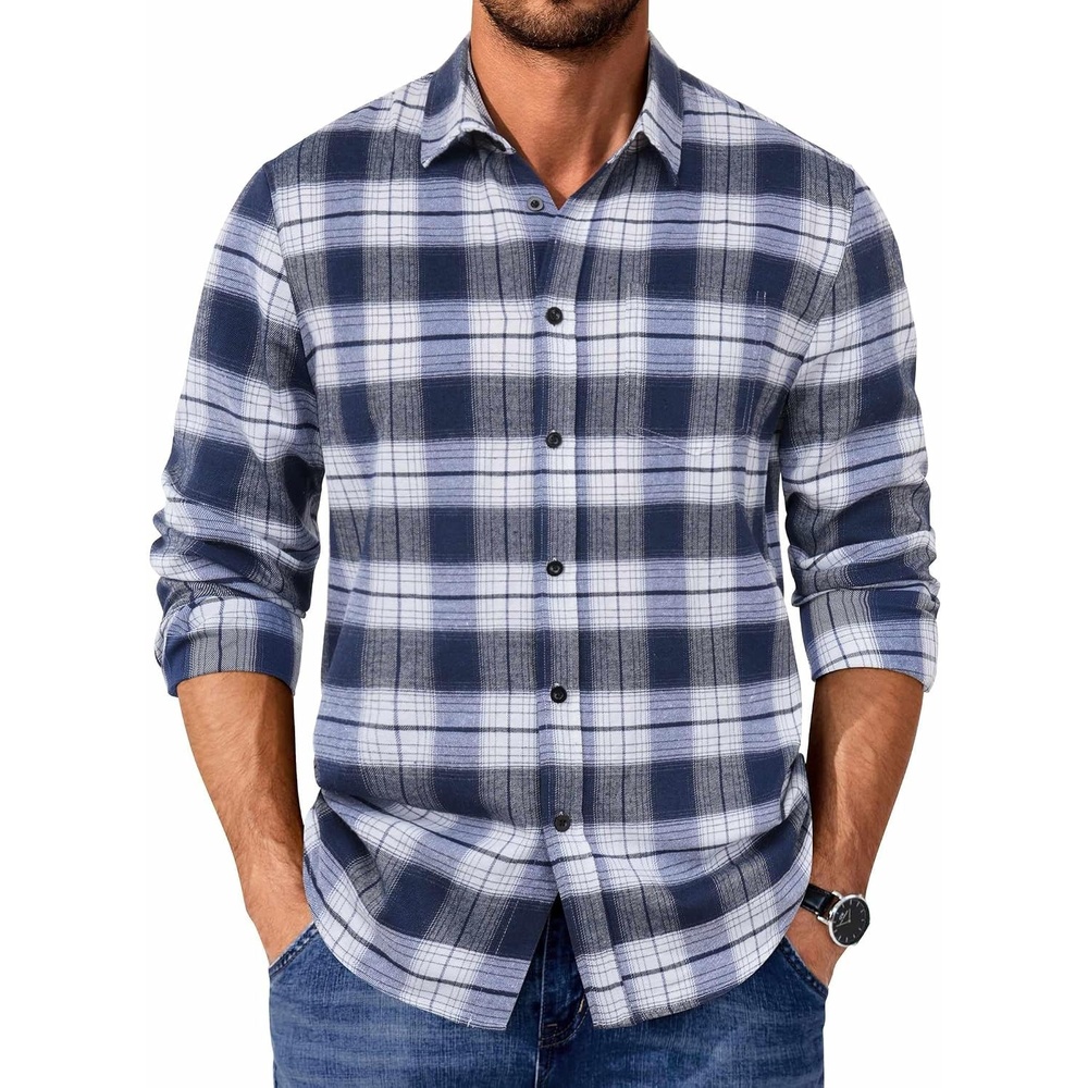image:imageCOOFANDY Mens Flannel Shirts Long Sleeve Plaid Casual Button Down ShirtPlaid Navy White