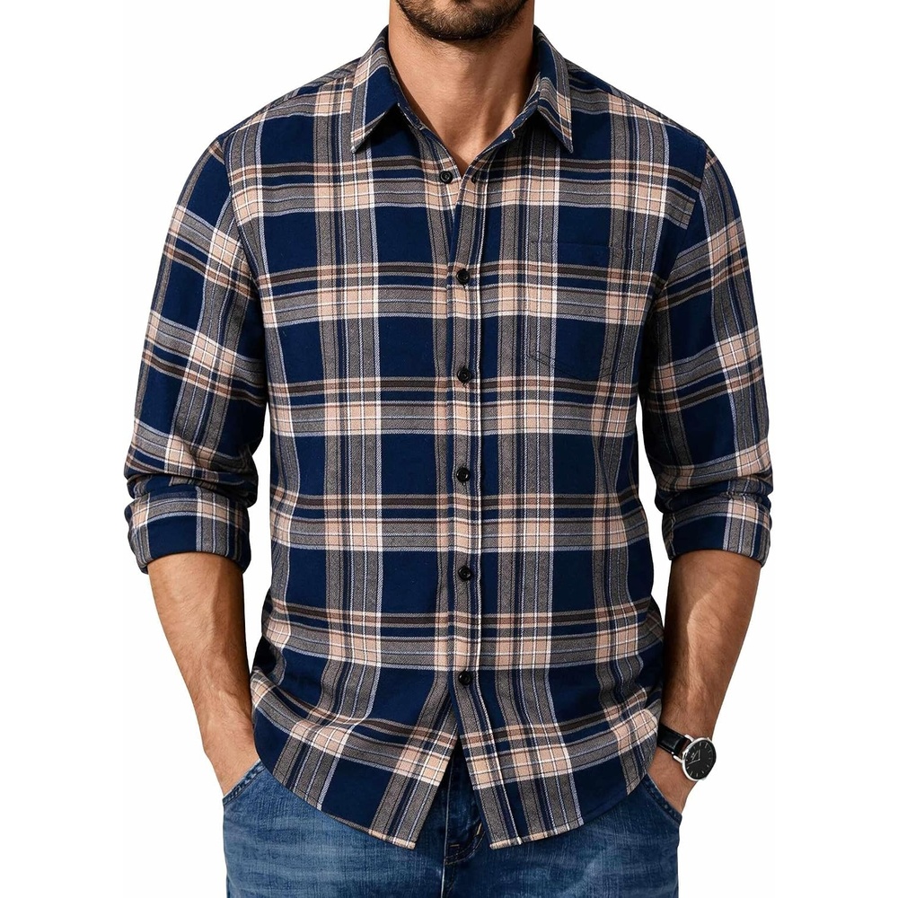 image:imageCOOFANDY Mens Flannel Shirts Long Sleeve Plaid Casual Button Down ShirtPlaid Navy Khaki