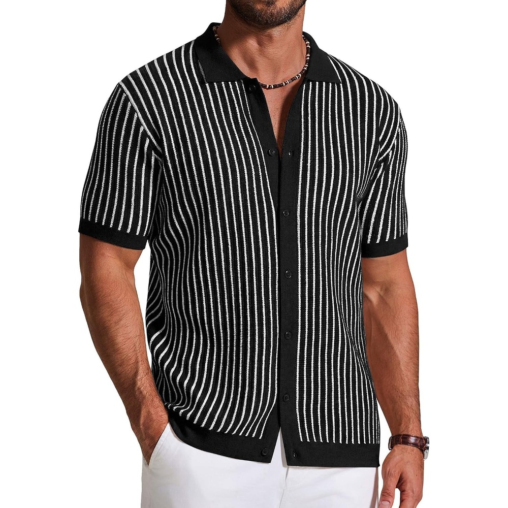 image:imageCOOFANDY Mens Knit Button Down Shirts Short Sleeve Polo Shirt Vintage Striped Casual ShirtsBlack White Stripe