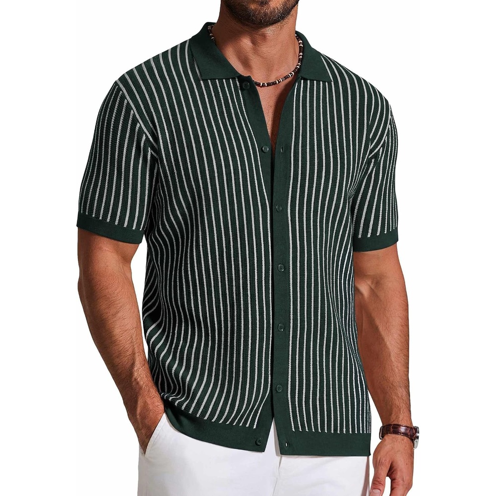 image:imageCOOFANDY Mens Knit Button Down Shirts Short Sleeve Polo Shirt Vintage Striped Casual ShirtsEvergreen White