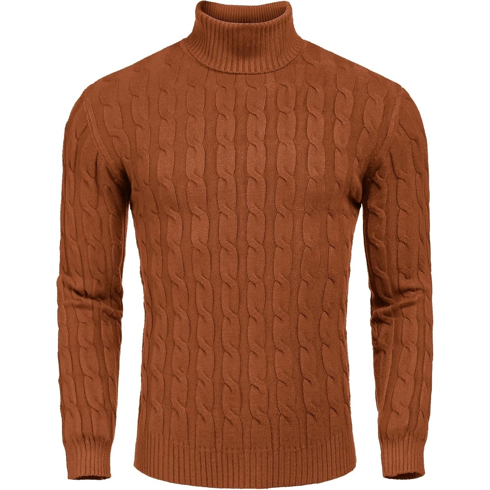 image:imageCOOFANDY Mens Slim Fit Turtleneck Sweater Casual Twisted Knitted PulloverBrown
