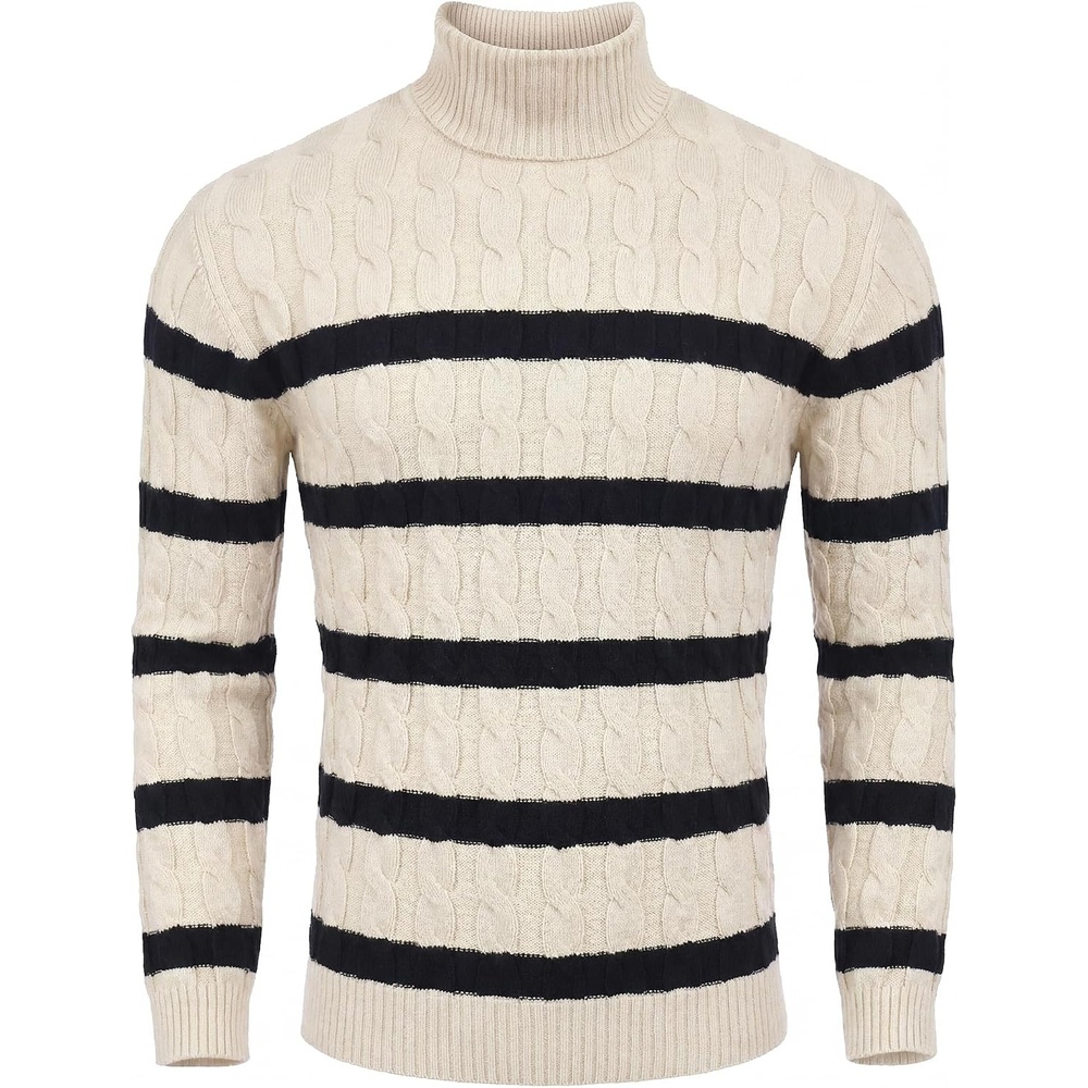 image:imageCOOFANDY Mens Slim Fit Turtleneck Sweater Casual Twisted Knitted PulloverStripedblack  Apricot