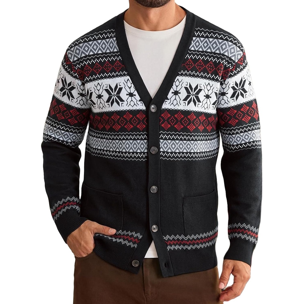 image:imageCoofandy Ugly Christmas Sweater Men Xmas Sweater Knitted Cardigan HolidayBlacksnowflake