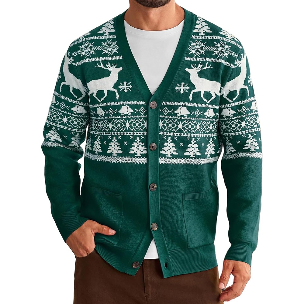 image:imageCoofandy Ugly Christmas Sweater Men Xmas Sweater Knitted Cardigan HolidayGreenreindeer