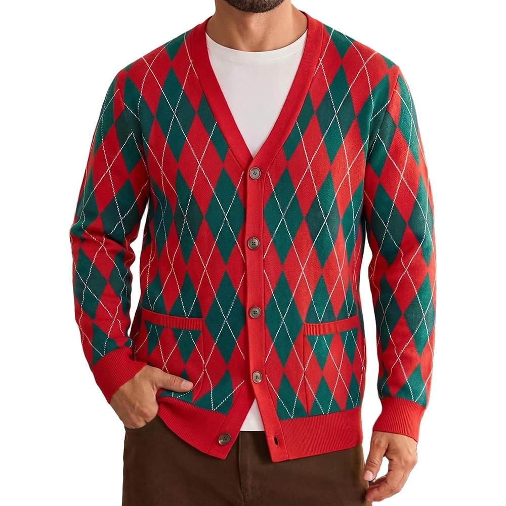 image:imageCoofandy Ugly Christmas Sweater Men Xmas Sweater Knitted Cardigan HolidayXmas Argyle