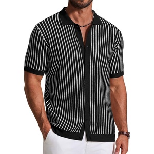 COOFANDY Mens Knit Button Down Shirts Short Sleeve Polo Shirt Vintage Striped Casual Shirts(Black White Stripe)