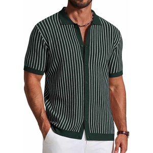 COOFANDY Mens Knit Button Down Shirts Short Sleeve Polo Shirt Vintage Striped Casual Shirts(Evergreen White)
