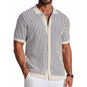 COOFANDY Mens Knit Button Down Shirts Short Sleeve Polo Shirt Vintage Striped Casual Shirts(Navy Blue Beige)
