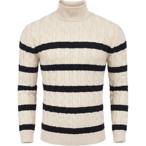 COOFANDY Men’s Slim Fit Turtleneck Sweater Casual Twisted Knitted Pullover(Striped-black & Apricot)
