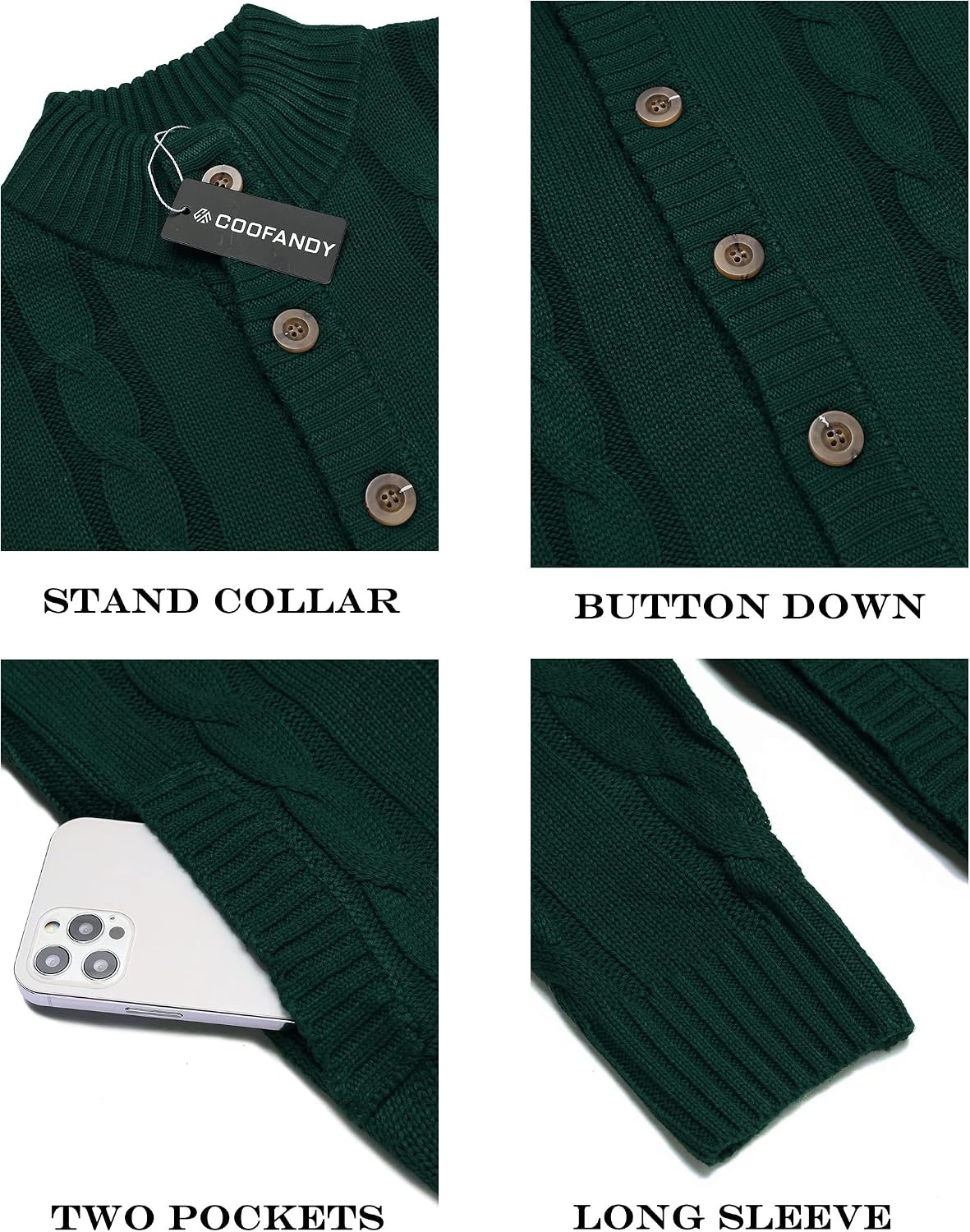 image:imageCOOFANDY Mens Cardigan Sweater Slim Fit Stand Collar Cardigan Cable KnitGreen