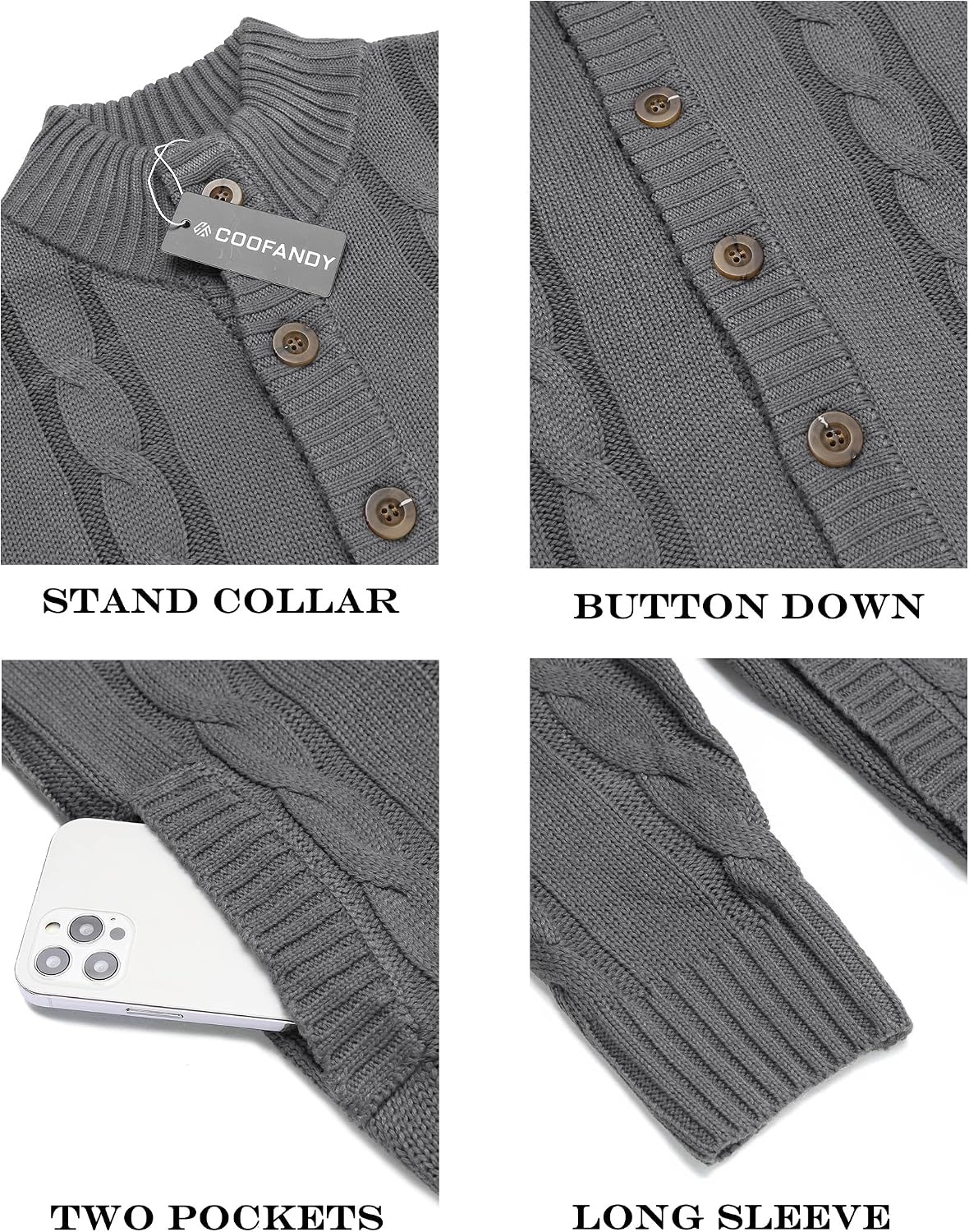 image:imageCOOFANDY Mens Cardigan Sweater Slim Fit Stand Collar Cardigan Cable KnitGrey