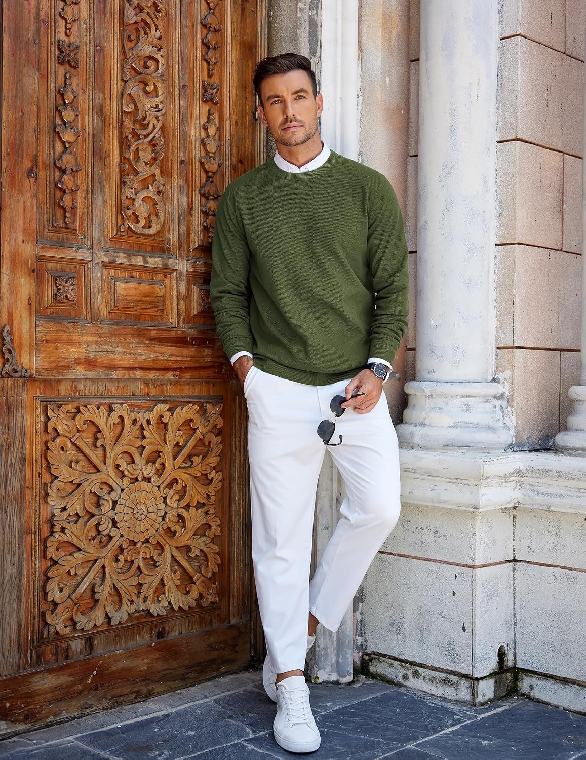 image:imageCOOFANDY Mens Crew Neck Sweaters Long Sleeve Lightweight Pullover SweaterArmy Green