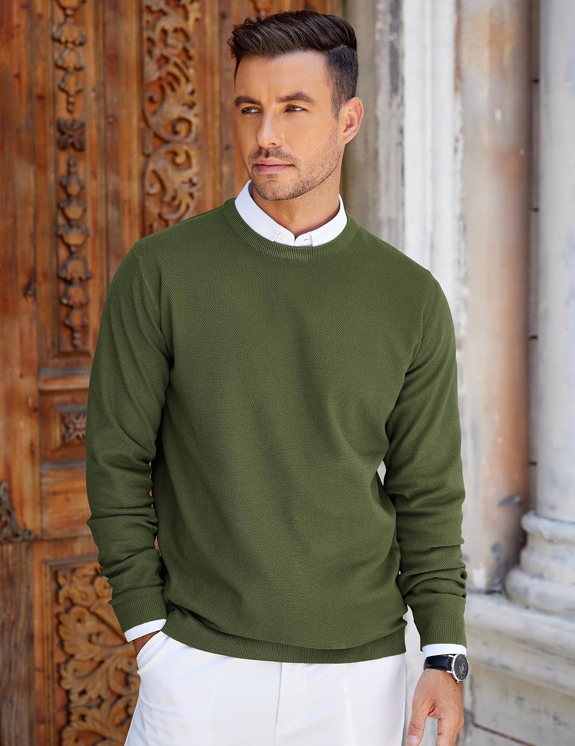 image:imageCOOFANDY Mens Crew Neck Sweaters Long Sleeve Lightweight Pullover SweaterArmy Green