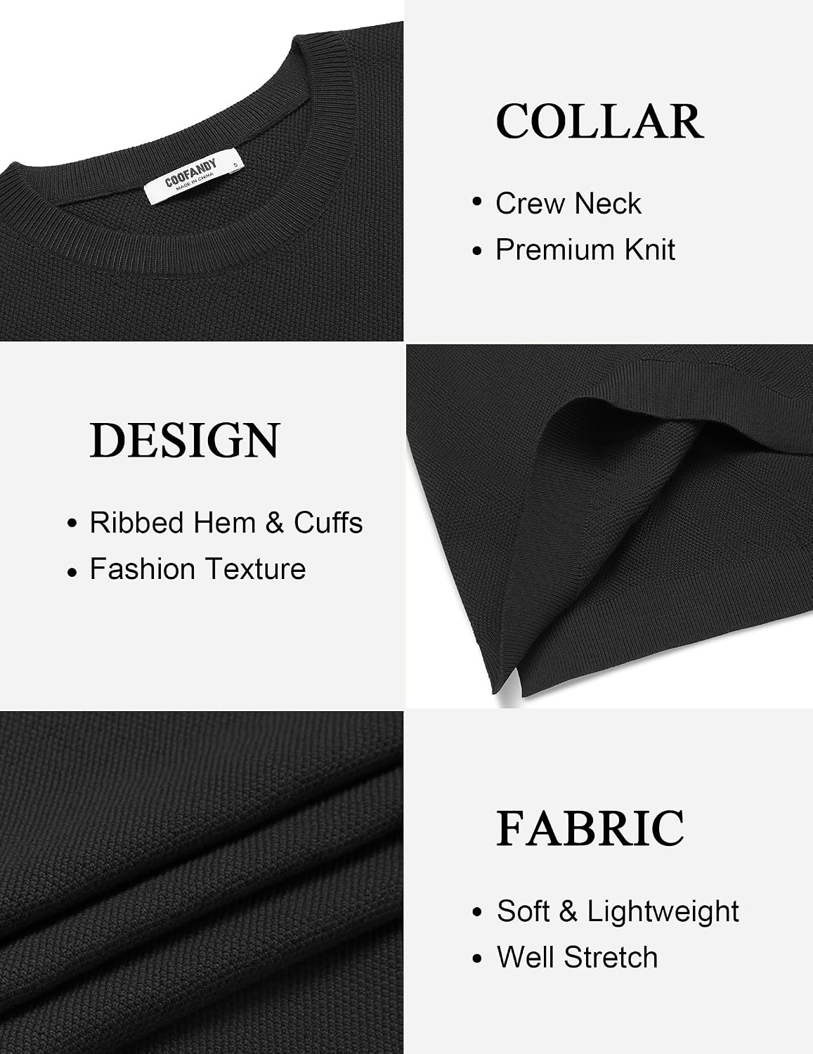 image:imageCOOFANDY Mens Crew Neck Sweaters Long Sleeve Lightweight Pullover SweaterBlack