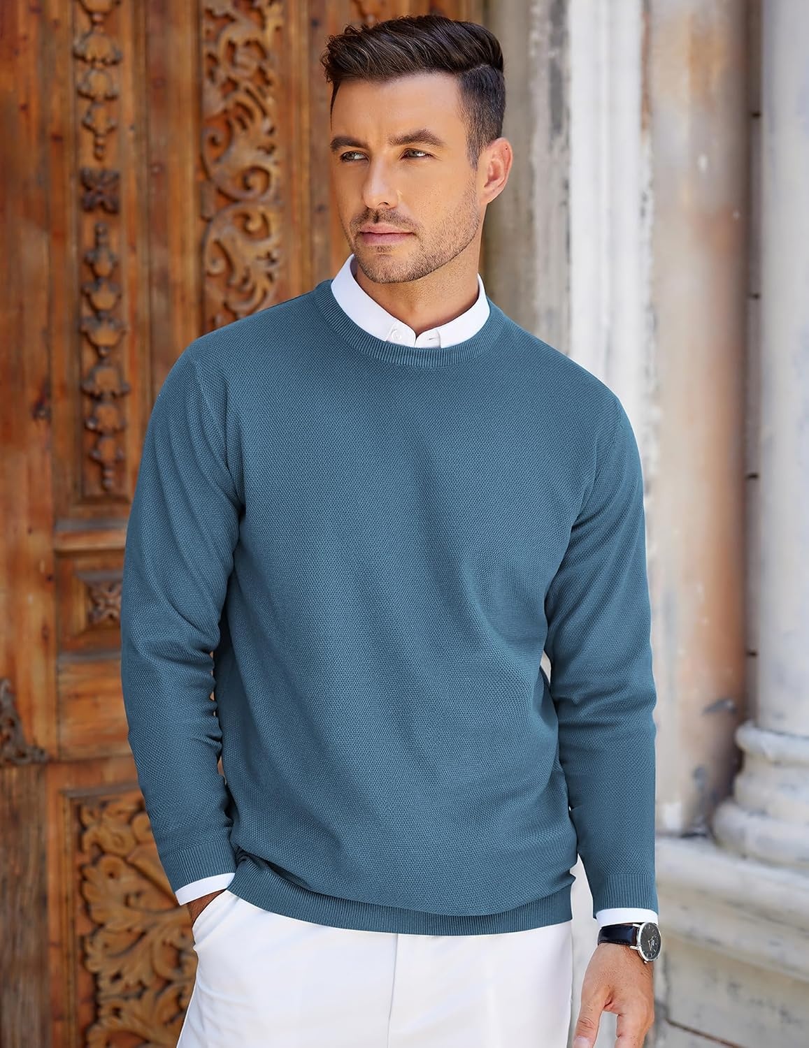 image:imageCOOFANDY Mens Crew Neck Sweaters Long Sleeve Lightweight Pullover SweaterBlue