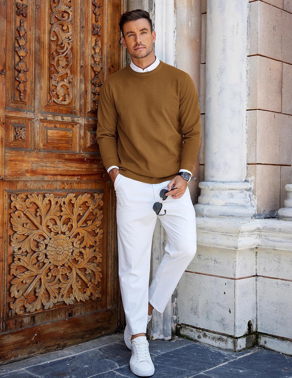 image:imageCOOFANDY Mens Crew Neck Sweaters Long Sleeve Lightweight Pullover SweaterBrown