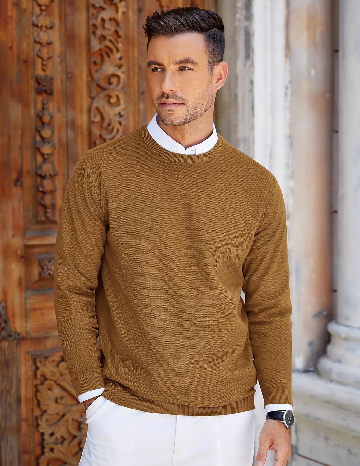 image:imageCOOFANDY Mens Crew Neck Sweaters Long Sleeve Lightweight Pullover SweaterBrown
