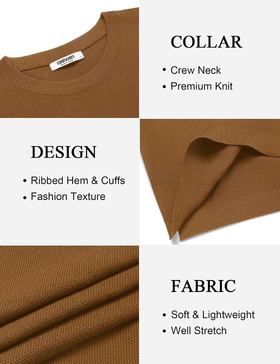 image:imageCOOFANDY Mens Crew Neck Sweaters Long Sleeve Lightweight Pullover SweaterBrown